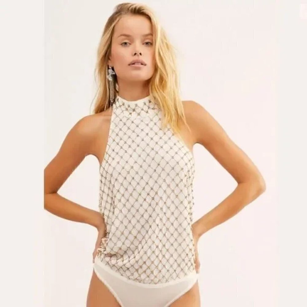 Free People Bling Bling Cha Ching Ivory Bodysuit/Top New Size Large - Picture 3 of 17